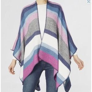 Bright Blue Grey White Pink Stripe Whipstitch Shawl Wrap Ruana